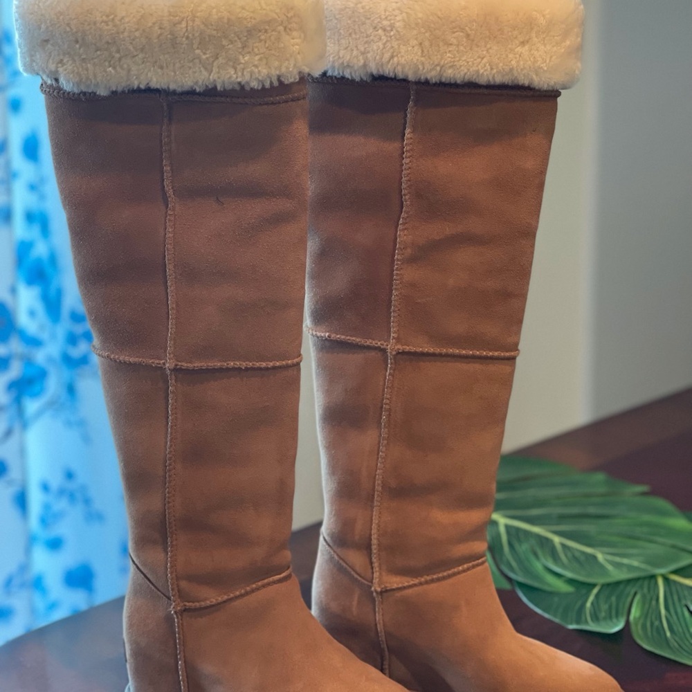 Ugg Tan Knee-High Boots with Cream Fur Trim